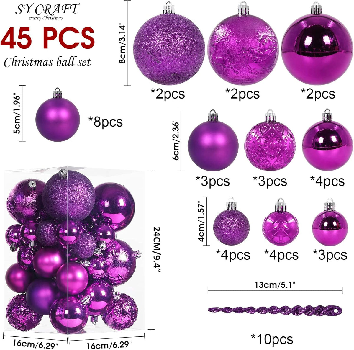 Purple Christmas Ball Ornaments for Christmas Decorations - 45 Pieces Xmas Tree Shatterproof Ornaments with Hanging Loop for Holiday and Party Decoration