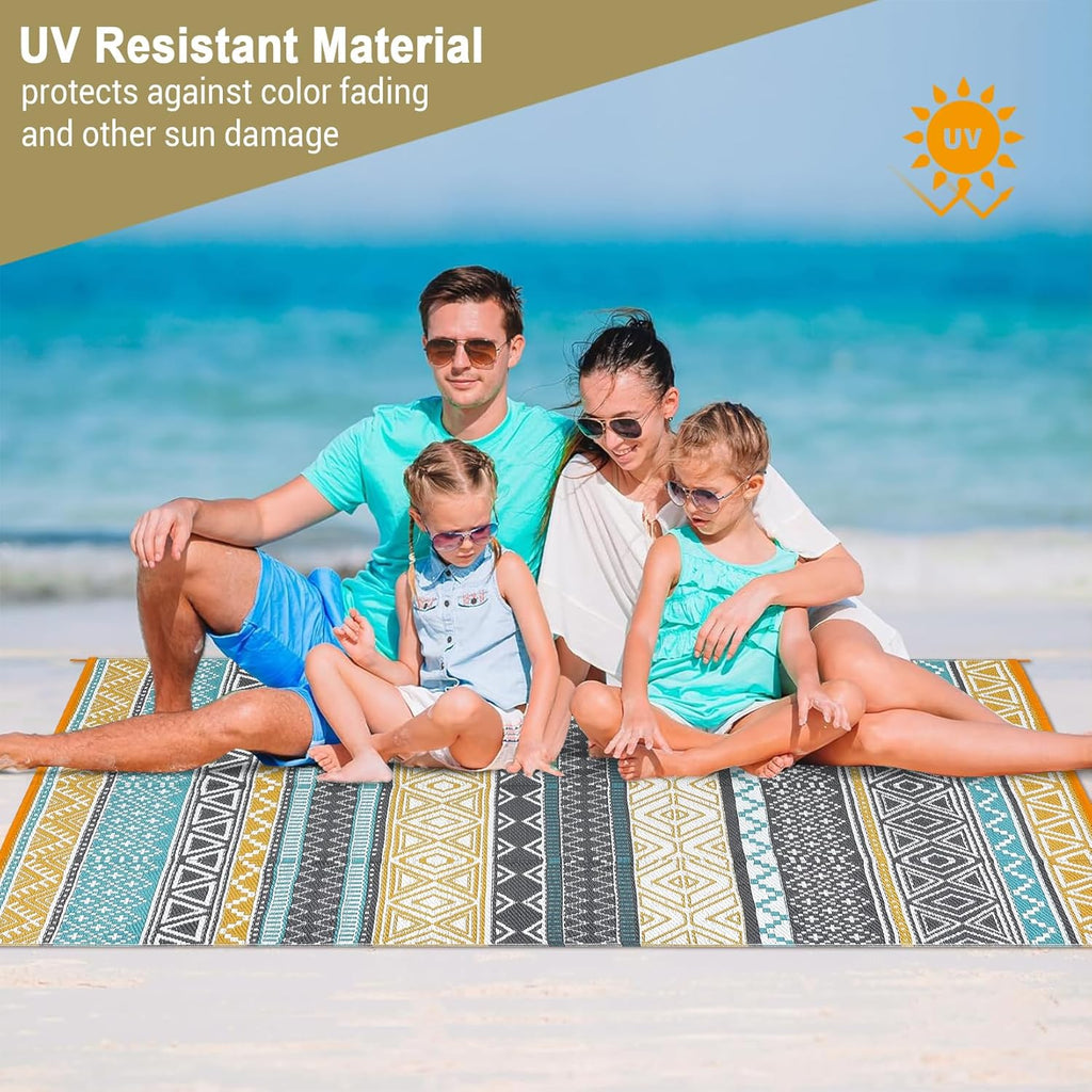 GAOMON Reversible Outdoor Rug 9'x18' Waterproof Plastic Straw Rug, Patio Rug, Large Modern Area Rug Carpet, Indoor Outdoor Rugs for Camping, Porch, Deck, Balcony, Backyard, Teal/Yellow(Bohemia)