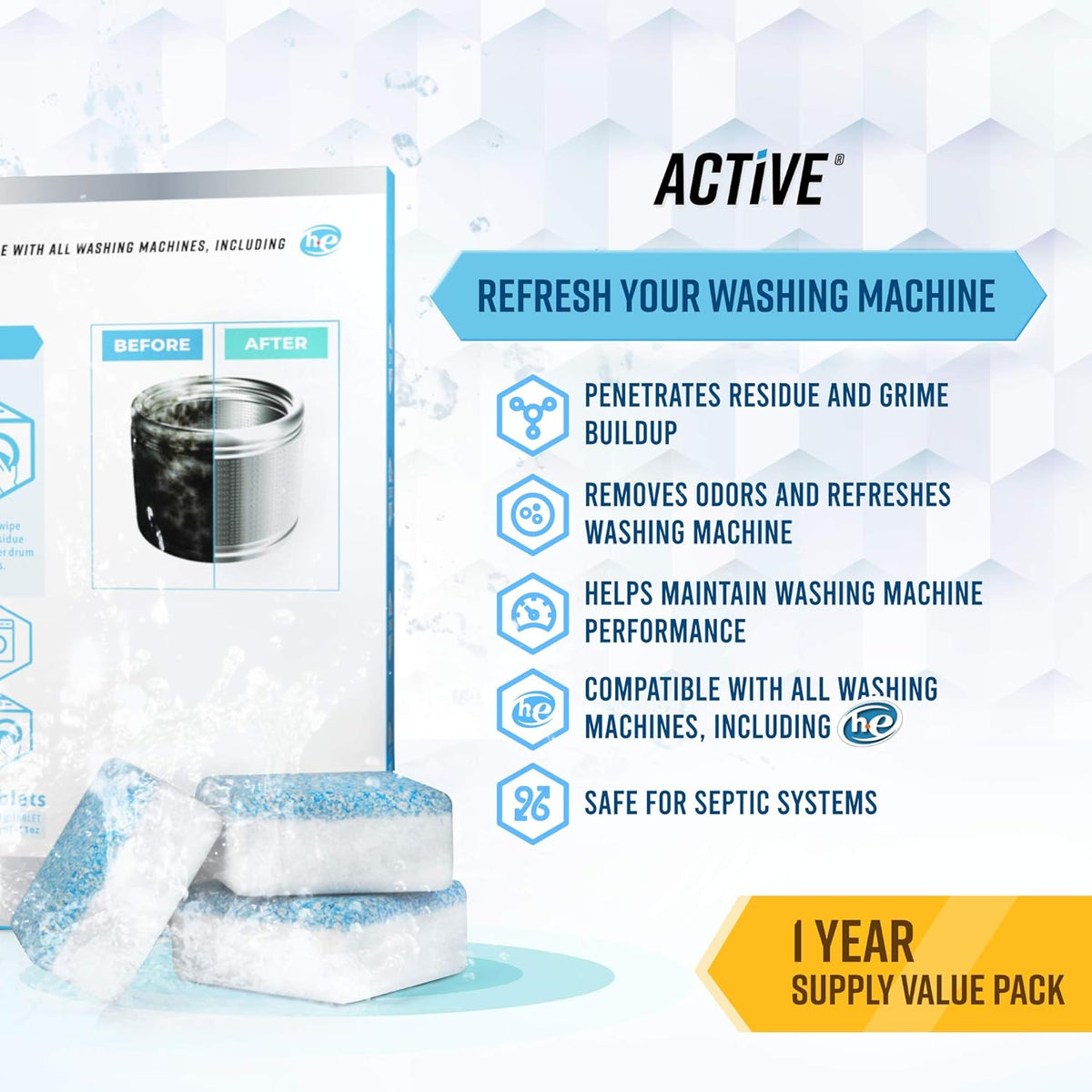 ACTIVE Washing Machine And Dishwasher Cleaning Tablets Bundle - Includes 12 Month Supply Dishwasher Cleaner Deodorizer & Washing Machine Descaler Deep Cleaning Tablets - 48 Tablet Set