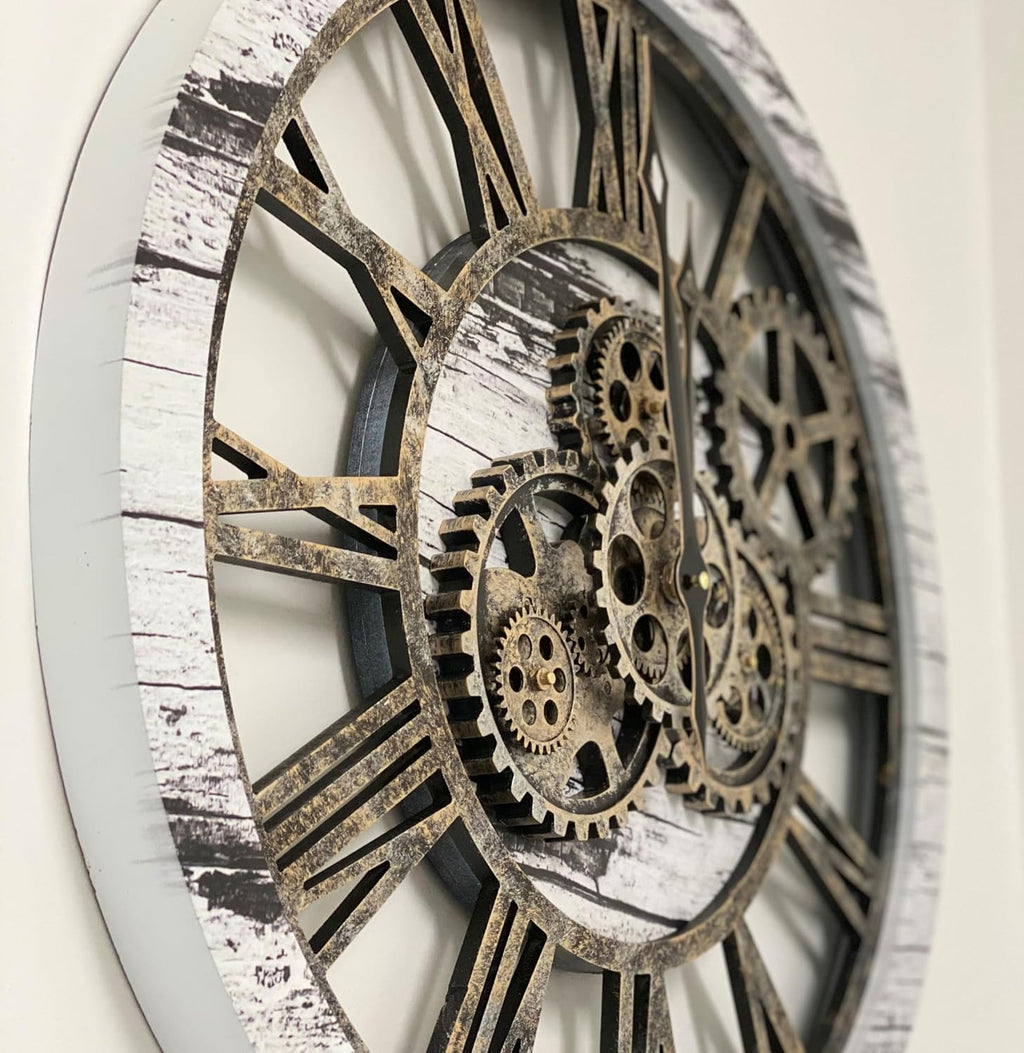 The Gears Clock The Original Real Moving Gear Wall Clock Vintage Industrial Oversized Rustic Farmhouse (24 inch (60cm), Vintage Grey and White)