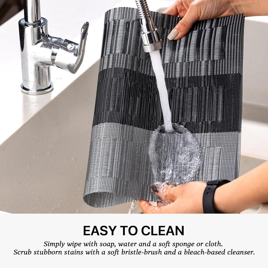 LEXMORE Placemats Set of 6 Vinyl/Plastic Woven Place Mats for Kitchen Table Indoor/Outdoor Washable Placemat Wipeable Dining Table Mats(Silver Gray Black)