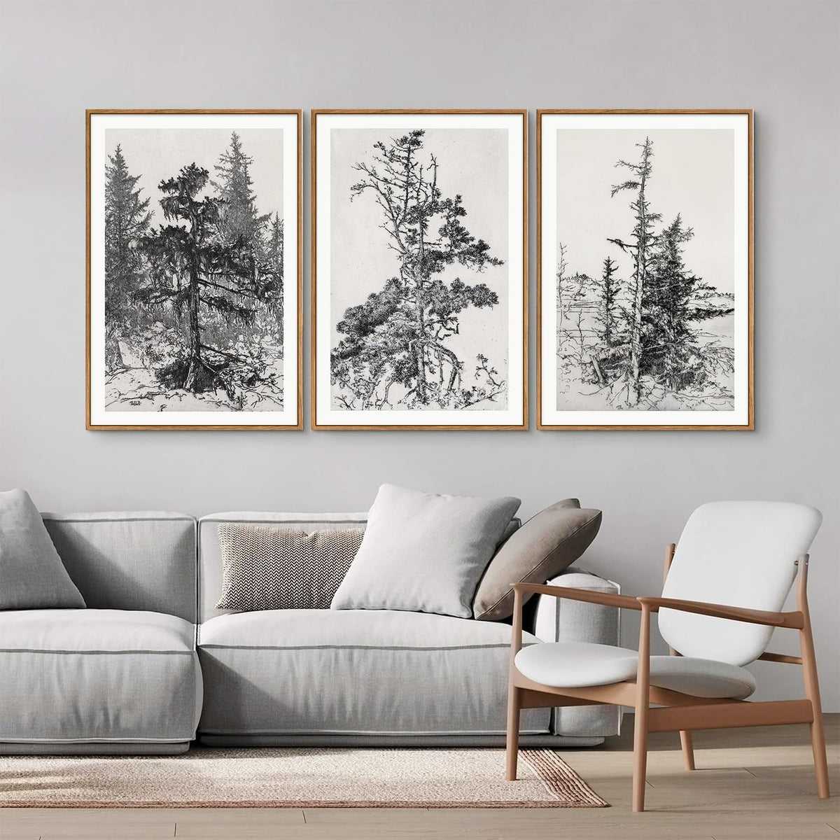 SIGNINART Vintage Tree Framed Wall Art Set , Black and White Antique Sketchbook Forest Painting, Wilderness Illustration Art Print , Retro Pine Tree Landscape Drawing Wall Decor for Living Room, Bedroom, Office (16"x24"x3)
