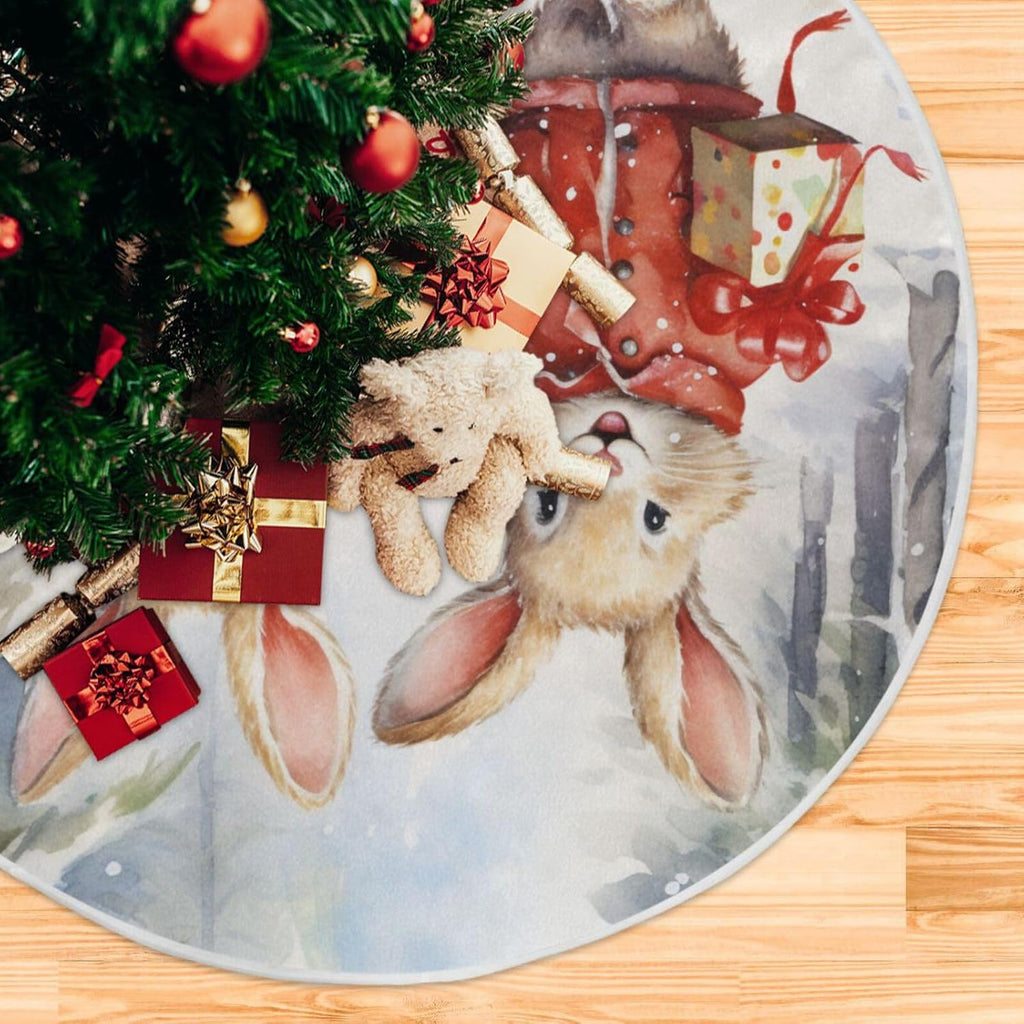 Christmas Tree Skirt - 48 Inch Rabbit Xmas Tree Mat for New Year Party Decorations