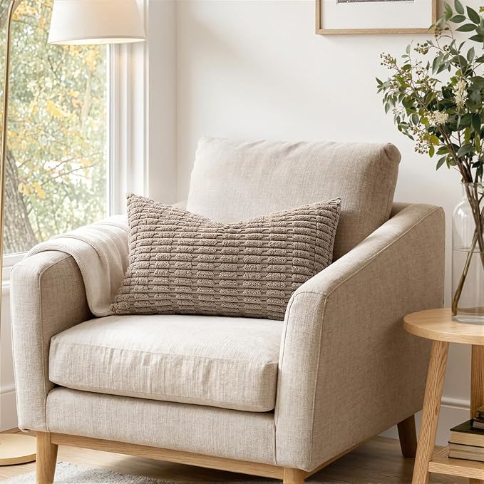 MIULEE Lumbar Corduroy Decorative Throw Pillow Covers 22x14 Light Brown | Pack - Image 2
