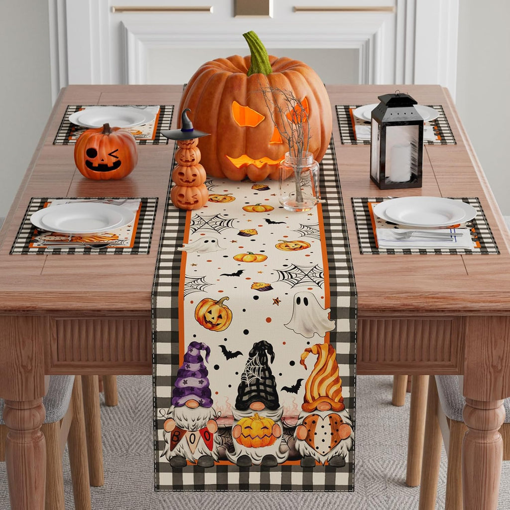 XCHI Spooky Boo Plaid Gnome Halloween Table Runner Party Table Decoration for Home Kitchen Dining Holiday Decor 13x72 Inch