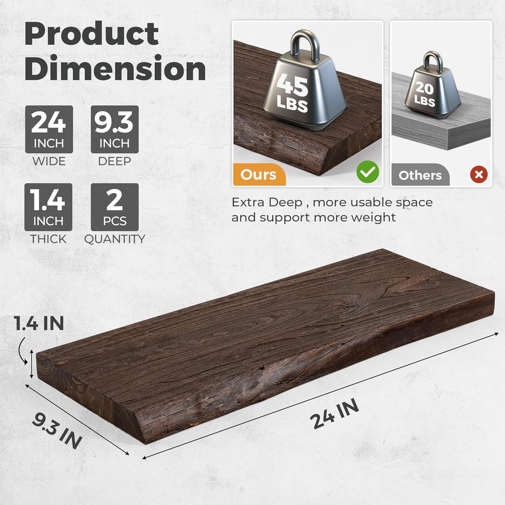RICHFOCUS Live Edge Elm Floating Shelves - 24" W x 9.3" D Rustic Solid Wood Wall Shelves with Invisible Bracket, Wall-Mounted for Living Room, Bedroom, Kitchen Storage & Display, Set of 2, Walnut