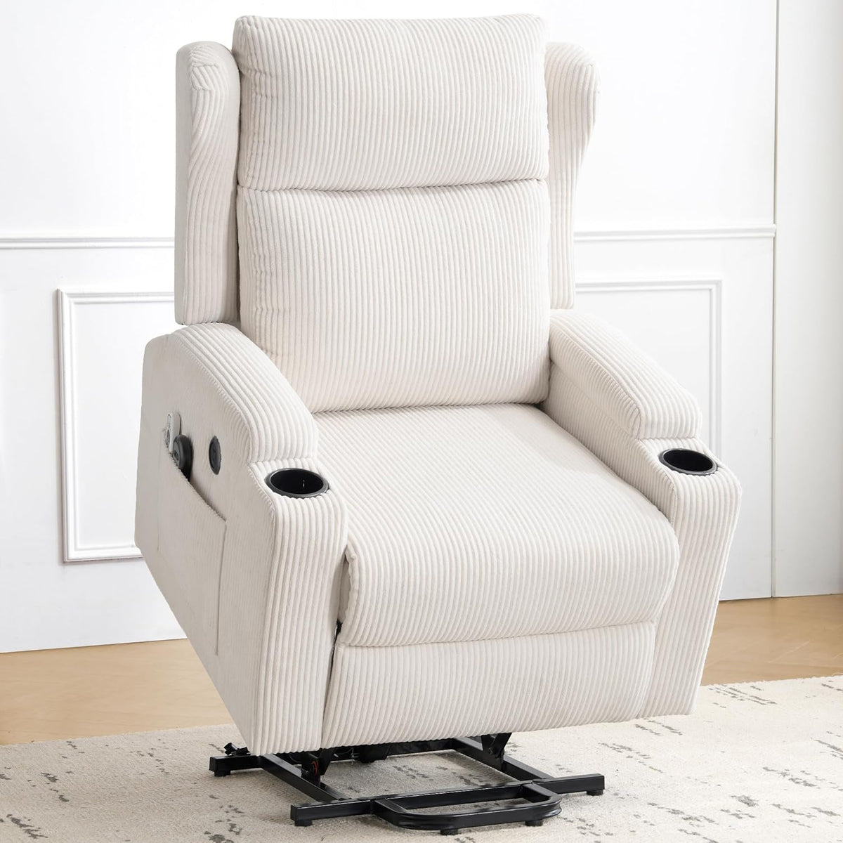 Lift Recliner Chair for Adults with Massage and Heating, Power Lift Recliner Chairs for Elderly, Corduroy Fabric Reclining Chair with USB &Type-C Port, Cup Holders, L6111 (Beige)