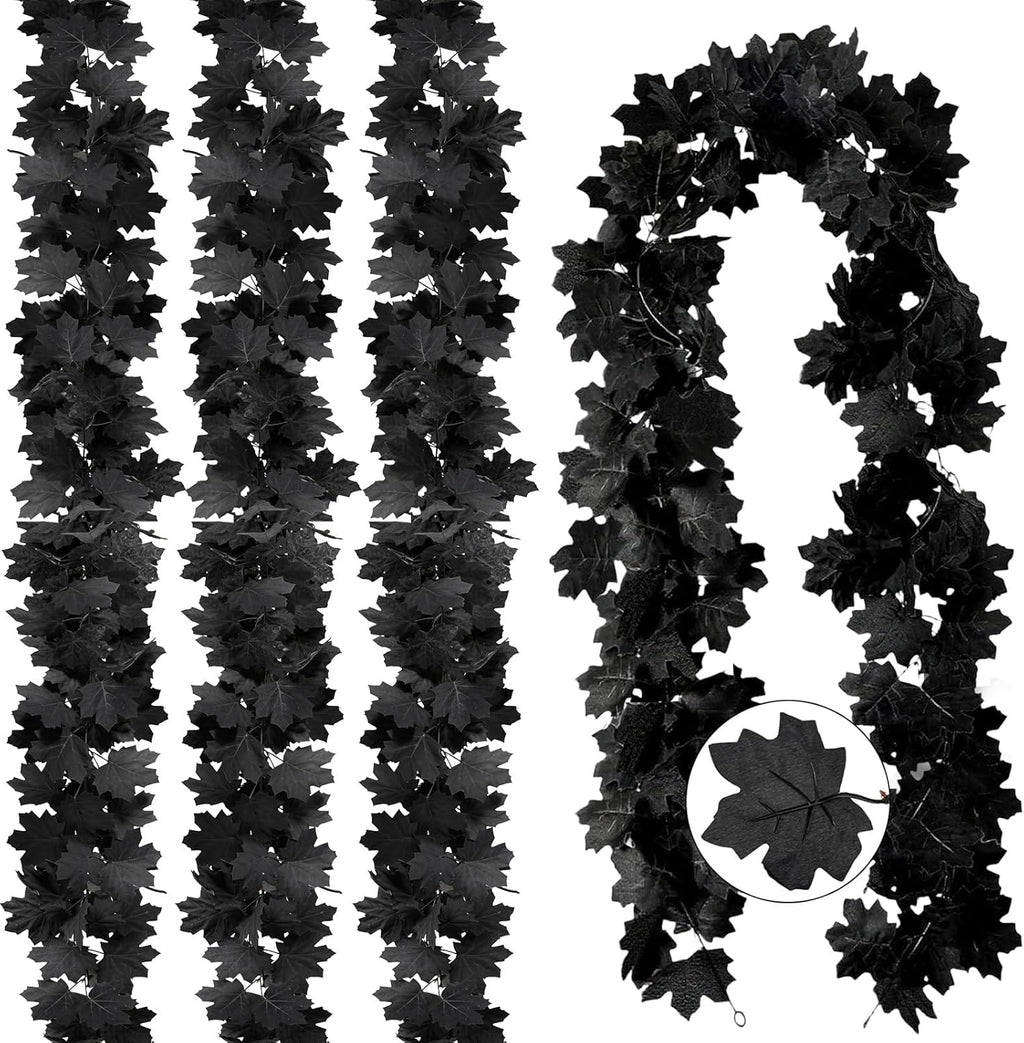 Joyhalo 4 Pack Halloween Garland, 5.7FT Black Maple Leaf Garland Halloween Decor, Spooky Black Leaves Vines Outdoor for Mantle, Home, Office, Stair Railing, Door Frame, Fireplace and Fall Decorations