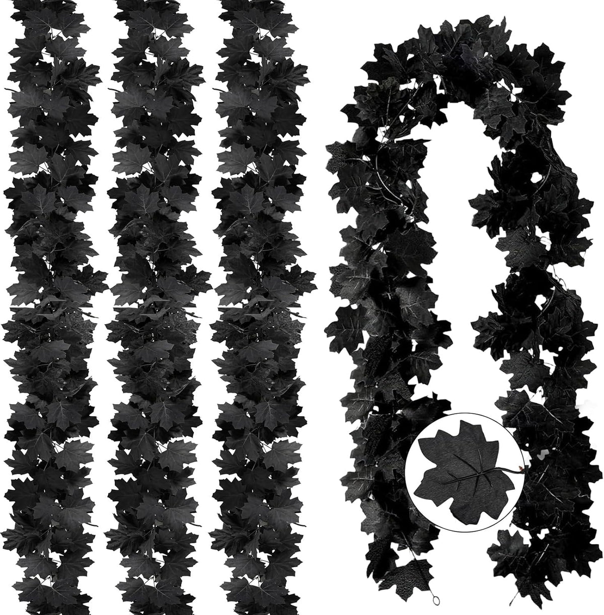 Joyhalo 4 Pack Halloween Garland, 5.7FT Black Maple Leaf Garland Halloween Decor, Spooky Black Leaves Vines Outdoor for Mantle, Home, Office, Stair Railing, Door Frame, Fireplace and Fall Decorations