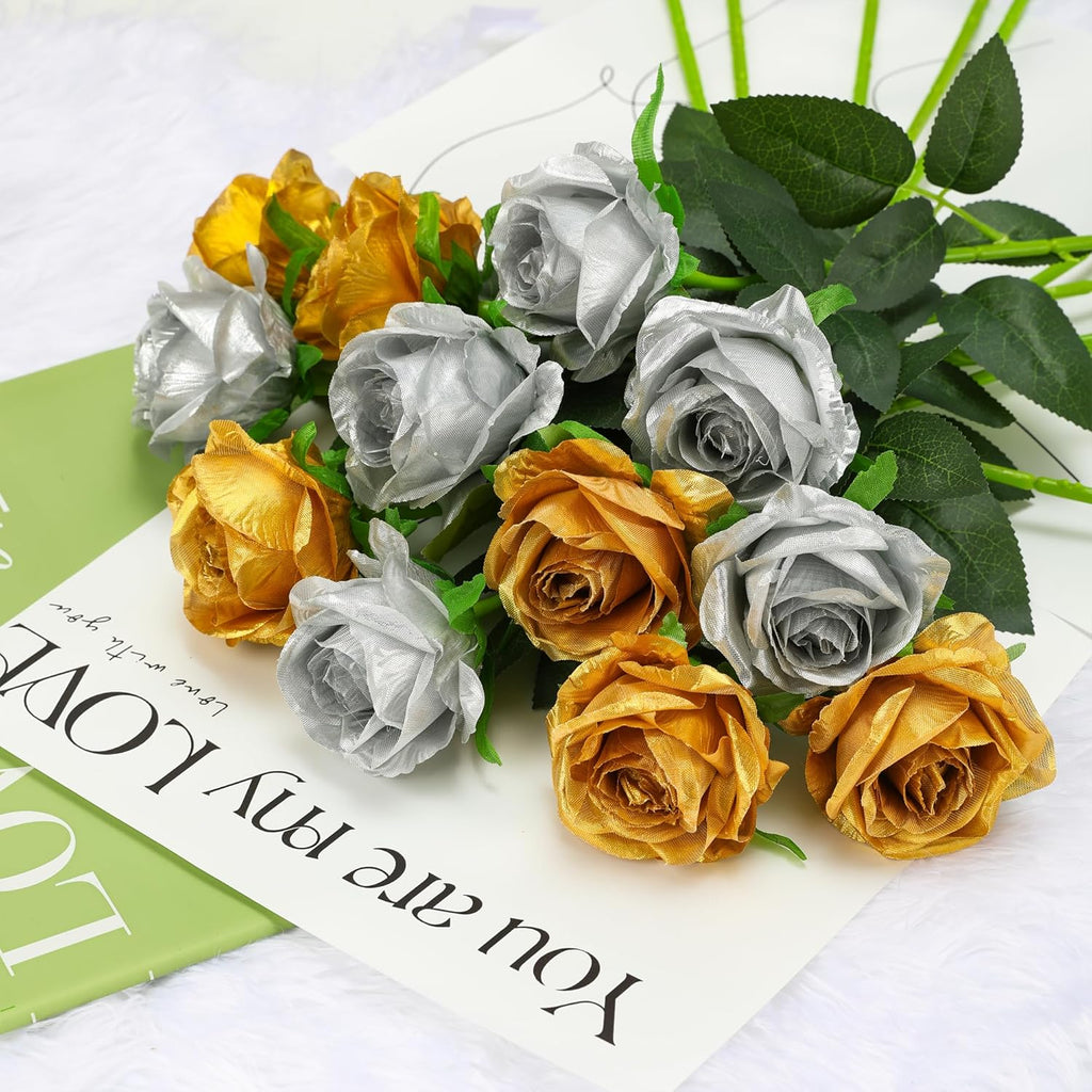 Gold Fake Roses Artificial Flowers - 10 Pcs Fake Artificial Roses Silk Flowers with Stems for Home Wedding Hotel Office Centerpiece Decor