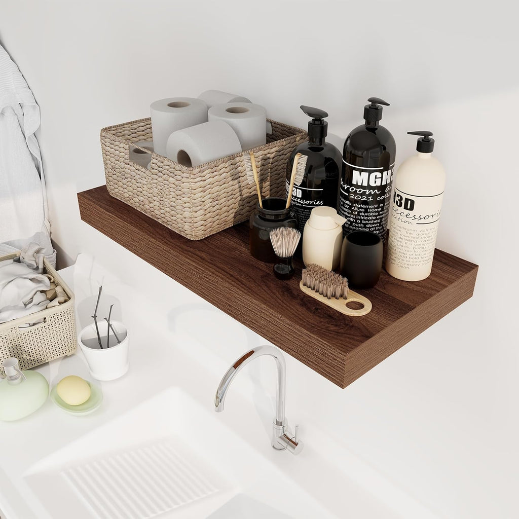 12 Inch Deep Floating Shelves, 24 x 12 Floating Shelf for Books, Rustic Wood Deep Wall Shelves for Home Storage & Display, 2" Thicked Shelves for Kitchen, Living Room, Bedroom, Walnut Color, 1 Pack
