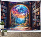 LB Fantasy Bookshelf Moon Tapestry, Trippy Tree and Vintage Library in Forest Wall Tapestry for Bedroom, Galaxy Cool Wall Art for Living Room Dorm Classroom Home Decor Ready to Hanging, 80 x 60 Inches