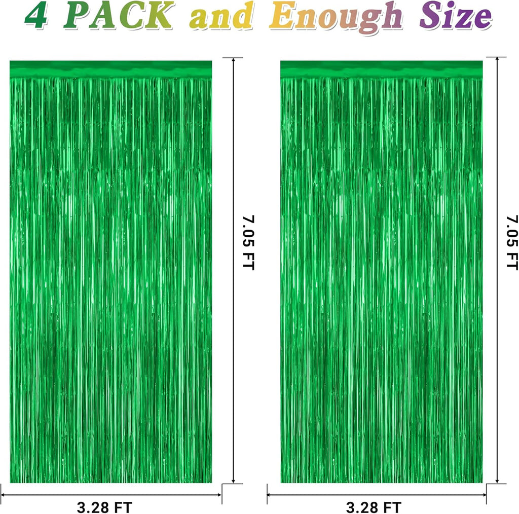 4 Pack Green Streamers, 3.28 FT x 7.05 FT Birthday Tinsel Backdrop, Metallic Green Foil Fringe Curtains Photo Booth Backdrop, Green Jungle Theme Decorations Birthday Decor