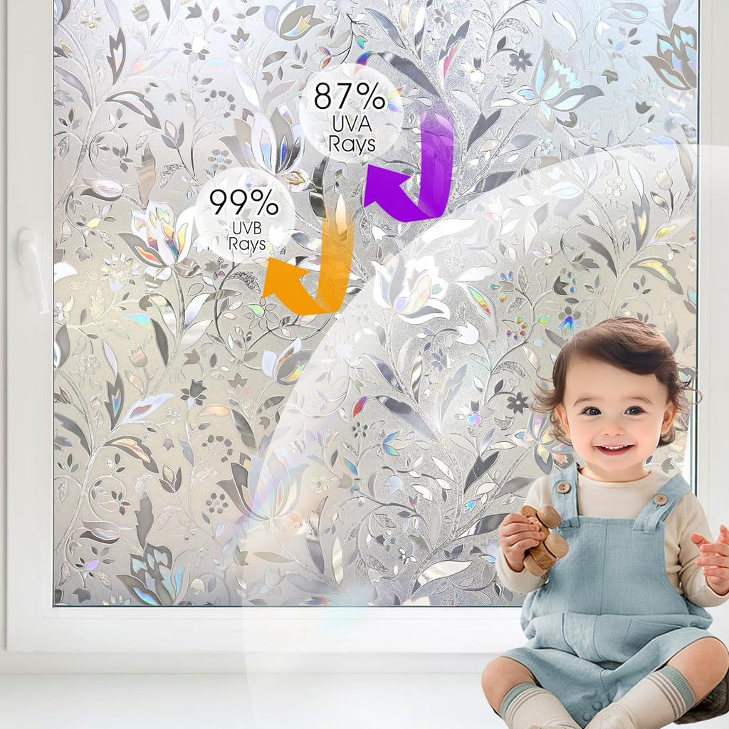 HIDBEA Window Privacy Film, 3D Stained Glass Static Cling - Sun Blocking Anti-UV Heat Control, Reusable Decorative Film for Home/Office Doors, Rainbow Tulip Design (29.5 in x 78.7 in)