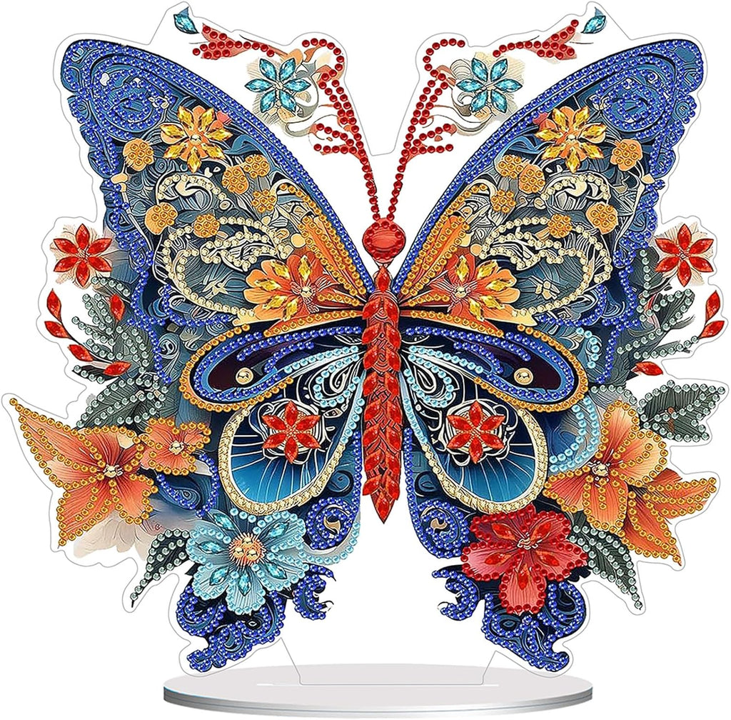 Diamond Painting Kits for Adults Beginners, 5D Full Drill Flowers and Butterfly Crystal Art Desktop Ornament, DIY Single Sided Home Office Desk Decor, Creative Craft Gift Set with Tools