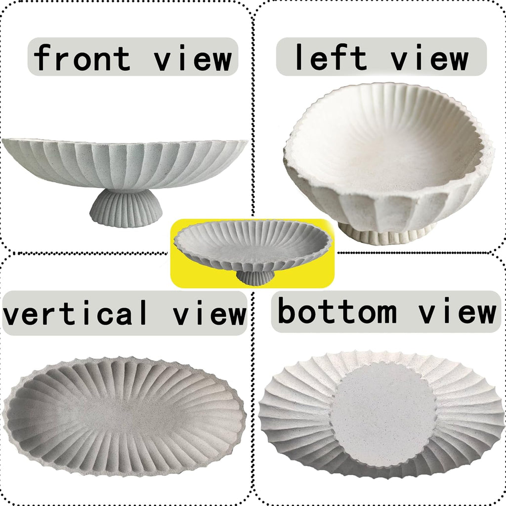 14.5" Large Decorative Long Bowl - Light Gray Fluted Scalloped Decorative Bowls for Home Decor - Ruffle Decor,Stylish Key Bowl for Entry Table,Decorative Fruit Bowl for Kitchen Counter