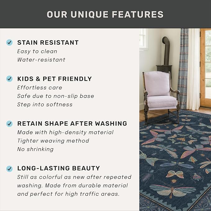 2x7 Navy Blue Bathroom Runner Rug, Washable Vintage Insect Carpet - Image 6