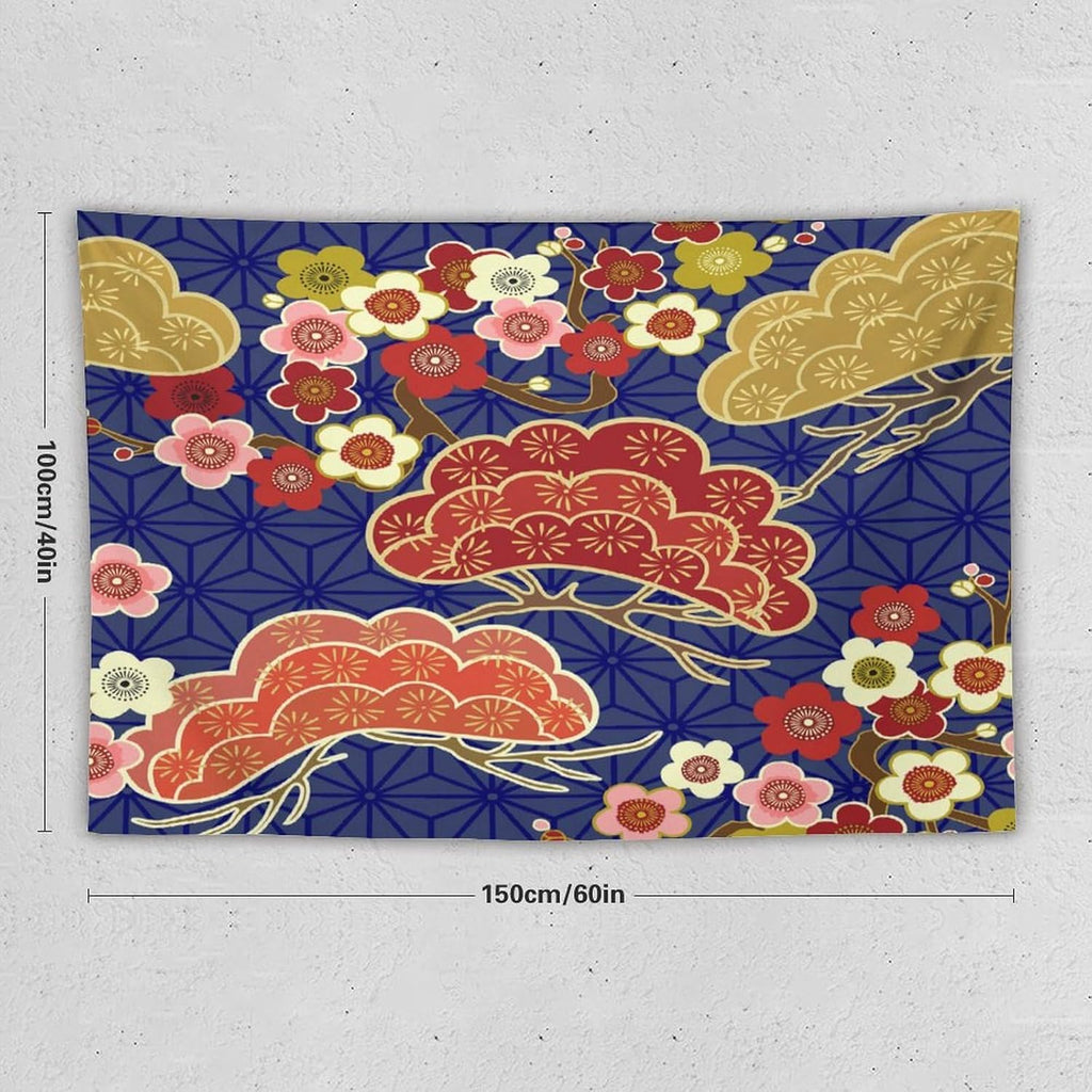 HZOHNAGO Japanese Tapestry Art Abstract Colorful Cherry Blossom Blue Background Pattern Printed Wall Tapestry Painting Wall Hanging for Bedroom Living Room Dorm 60" W x 40" H