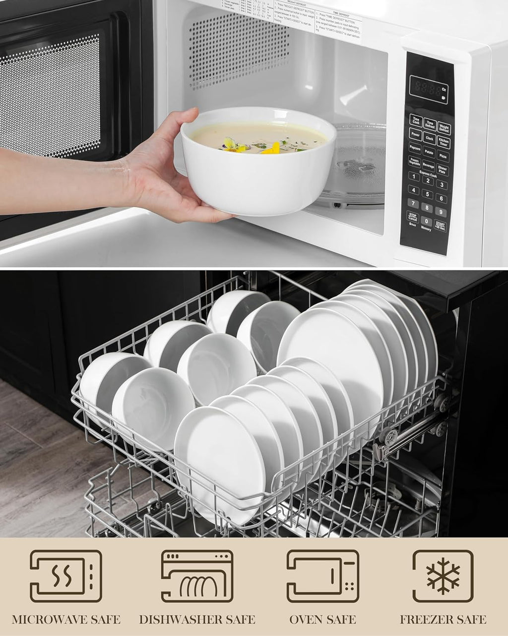 MALACASA 18 Pieces Gourmet Porcelain Dinnerware Sets, Premium Plates and Bowls Set, High-Fired Ceramic Dishes Set for 6, Chip & Scratch Resistant, Microwave Dishwasher Safe, White, Series LEXI