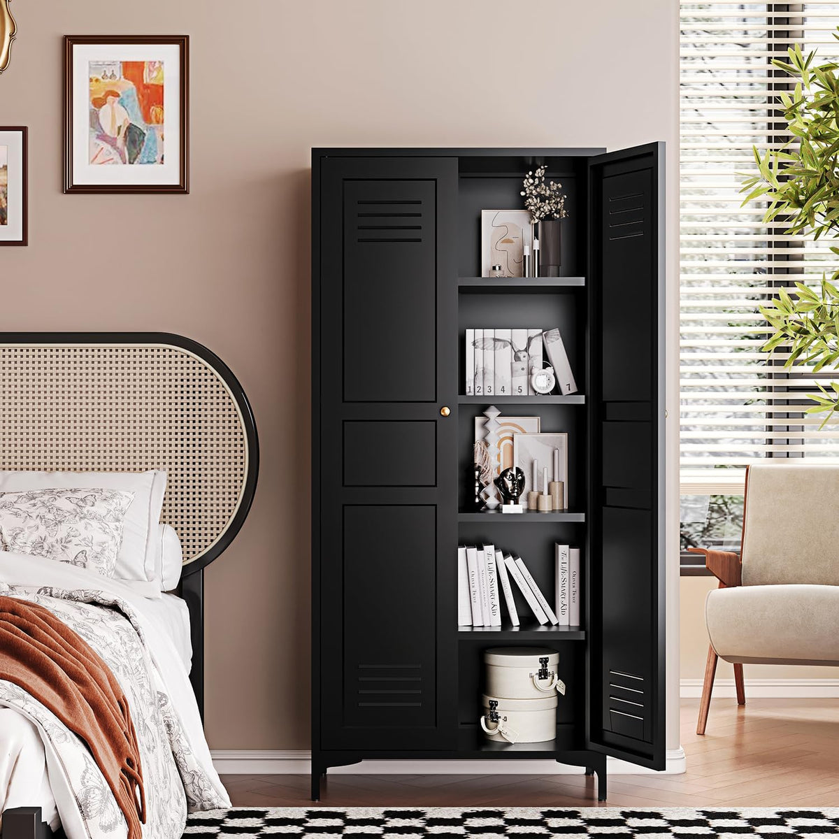 Letaya Black Storage Cabinet with Feets-Metal Home Kitchen Pantry Cabinets with Doors and Adjustable Shelves,Organization Locker for Cupboard/Bedroom/Dining/Living/Bathroom/Office/Garage Room (Black)