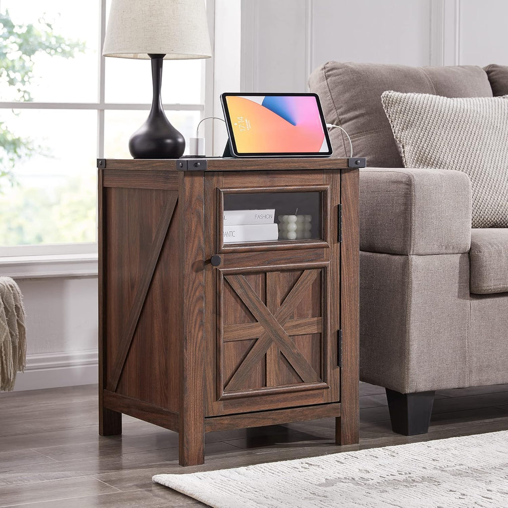 JXQTLINGMU Farmhouse End Table with Charging Station, 18'' Rustic Nightstand with Barn Door & Adjustable Shelf, Wooden Sofa Side Table with 3-Tier Storage for Living Room, Bedroom, Brown