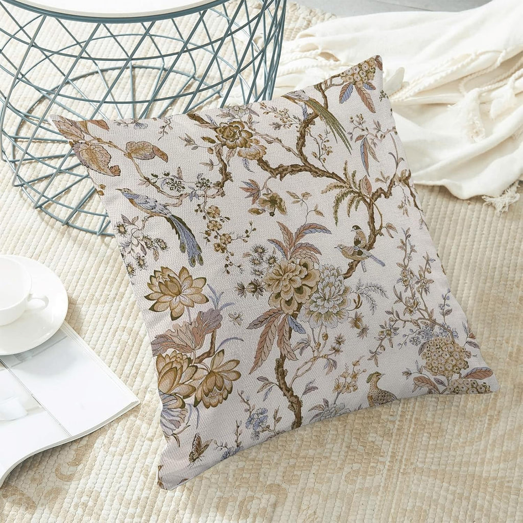 CXMEIFLY Spring Floral Birds Pillow Covers 16 x 16 Inch Set of 2 for Chinoiserie Flowers Decor Throw Pillows Brown and White Plant Outdoor Decorative Cushion Cases for Couch Bed Decorations