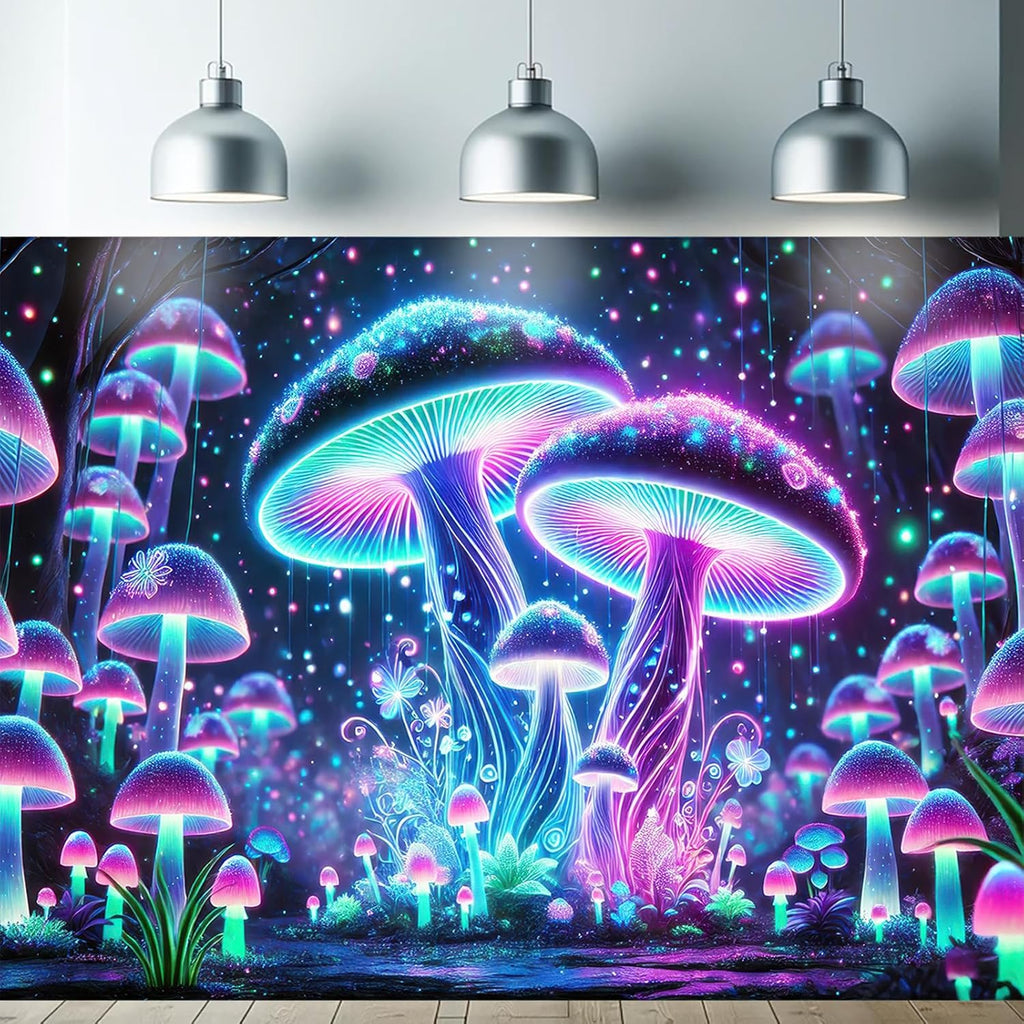 Starlit Patio Blacklight Mushroom Tapestry UV Reactive Trippy Glowing Wall Hanging Tapestry for Bedroom Living Room Dorm Aesthetic Psychedelic Forest Decor Fluorescent Poster Large 78 x 59 Inch