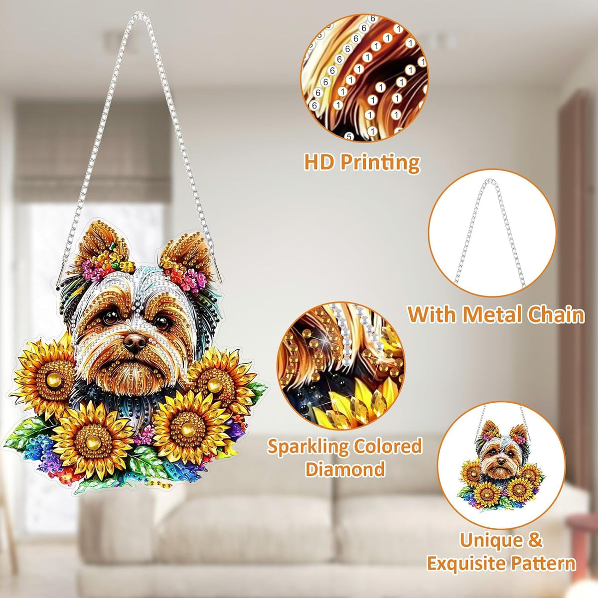SENQAO Dog Diamond Art Hanging Kit for Adult, Special Shaped Rhinestone, Double Sided DIY Acrylic Diamond Art Painting Window Pendants Home Garden Wall Hanging Kits Hanging Ornament (Sunflower)