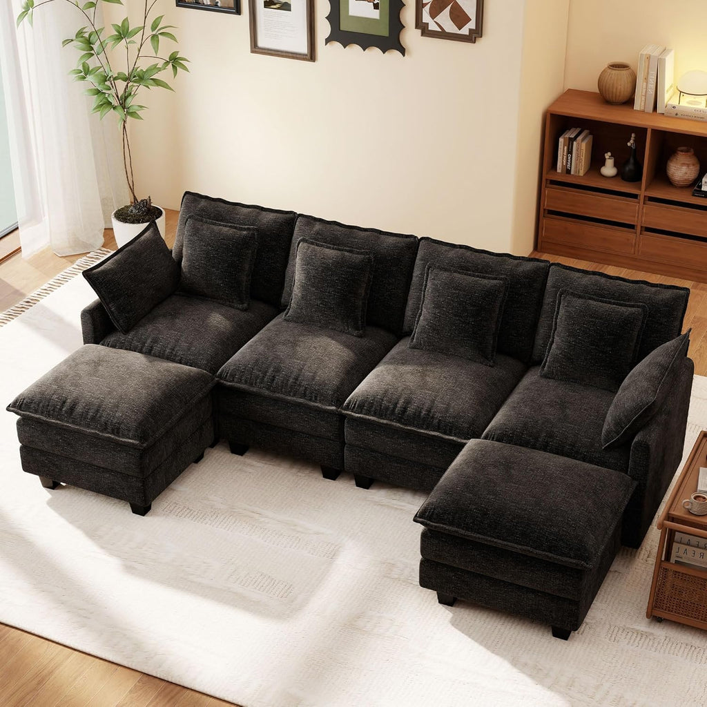 Ihanherry 106" L Shaped Modular Sectional Cloud Sofa, Modern 6 Seat Chenille Couch with Ottoman for Living Room, Bedroom and Apartment, Black