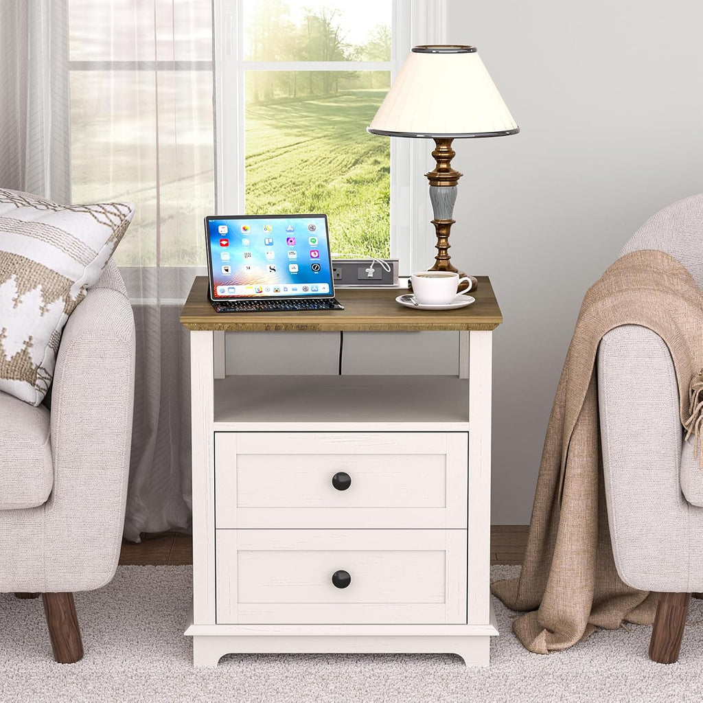HIFYOBRO End Table with Flip Top Charging Station and 2 Drawers, Type-C & USB Port & Power outlets, Wooden Storage Cabinet, Large Side Table with Storage for Living Room and Bedroom (White)