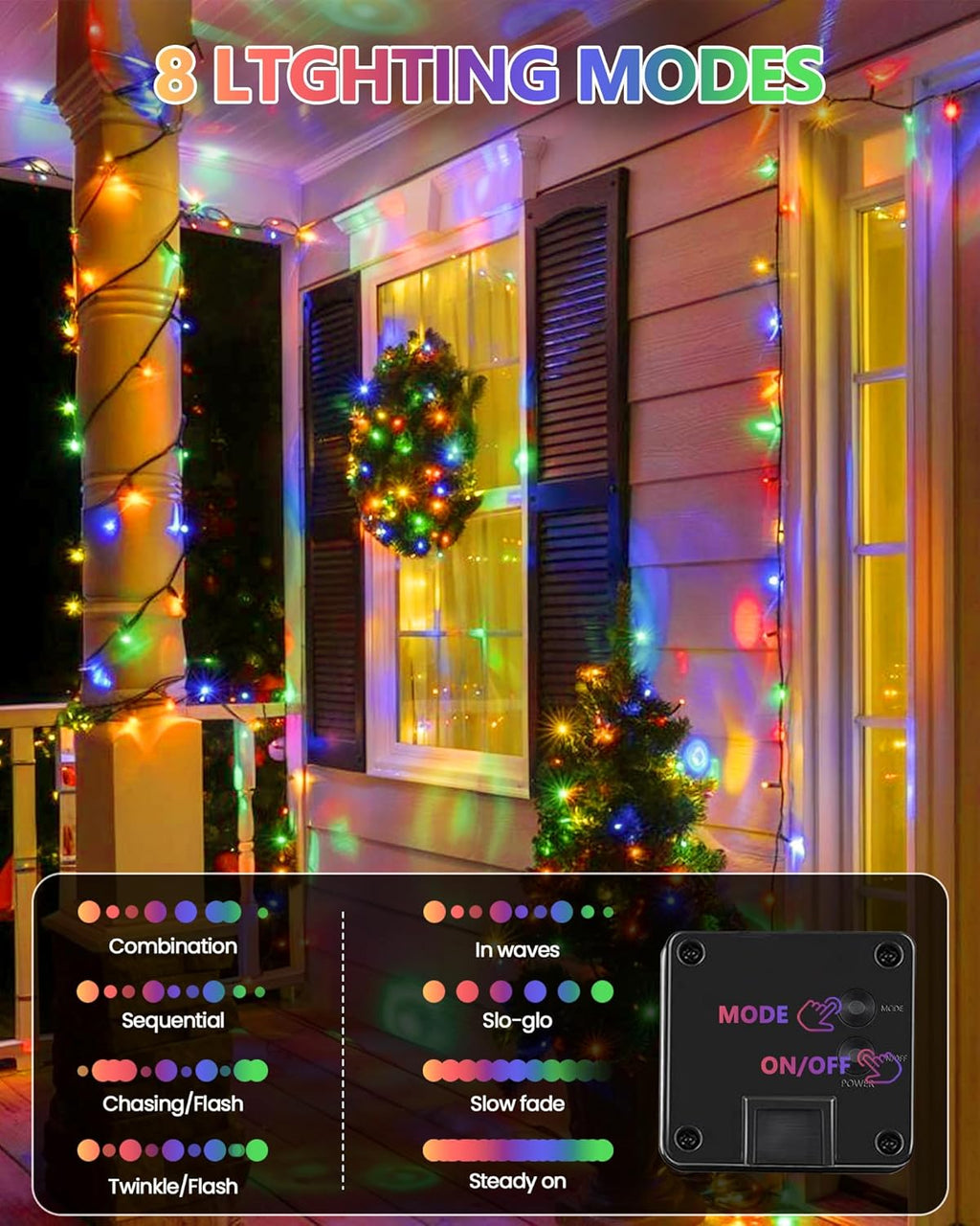 2 Pack Multicolored Solar Christmas Lights Outdoor Waterproof, 400 LED 144FT Super Long Solar String Lights, Green Wire 8 Lighting Modes, Christmas Tree Light for Xmas Fence Bushes Patio Decorations
