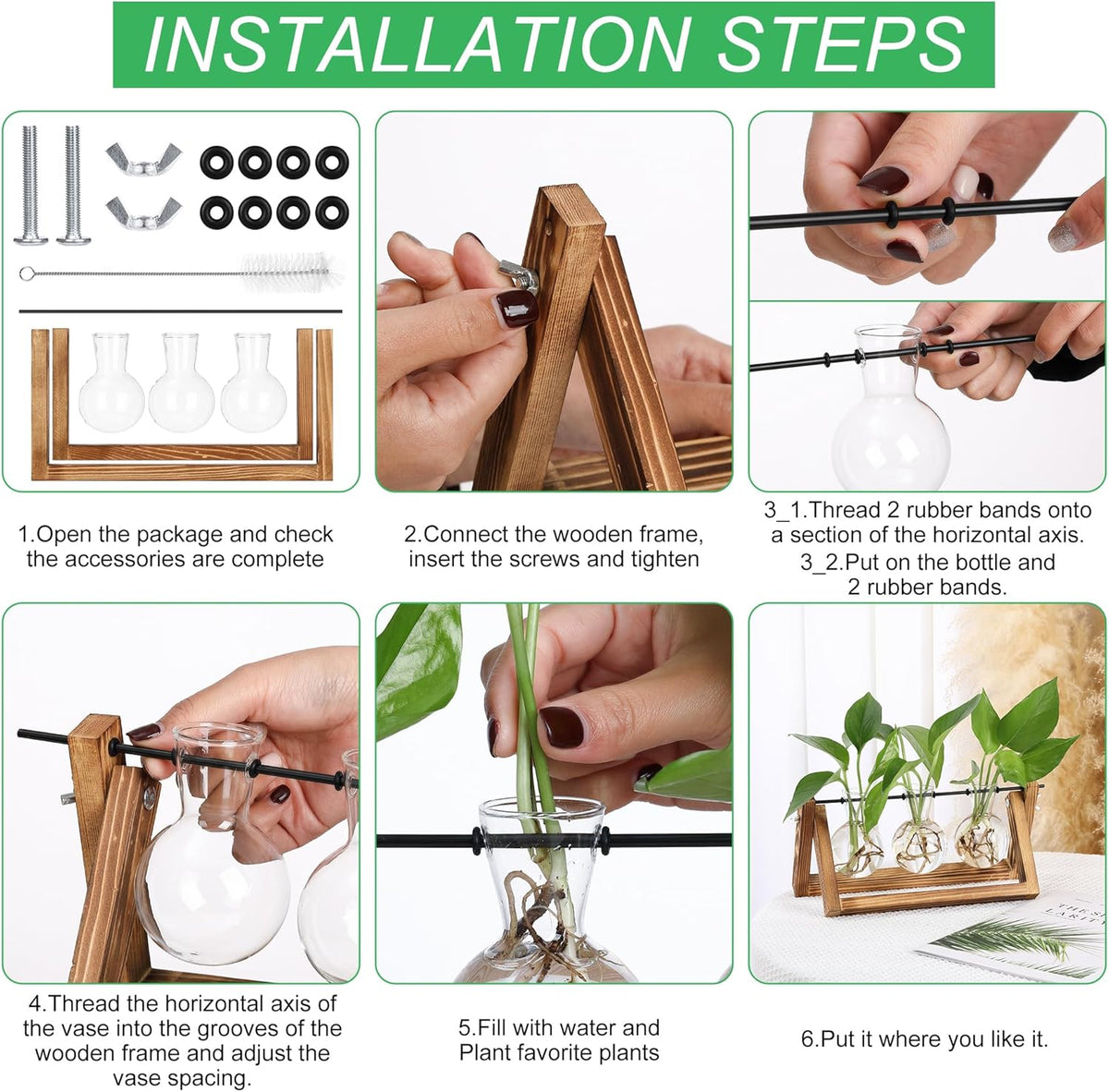YIBOT Plants Propagation Stations,Desk Plant Terrarium with Retro Wooden Stand,Plant Lover Gifts for Women for Hydroponics Plants Home Garden Wedding Decor(3 Bulb Vase)