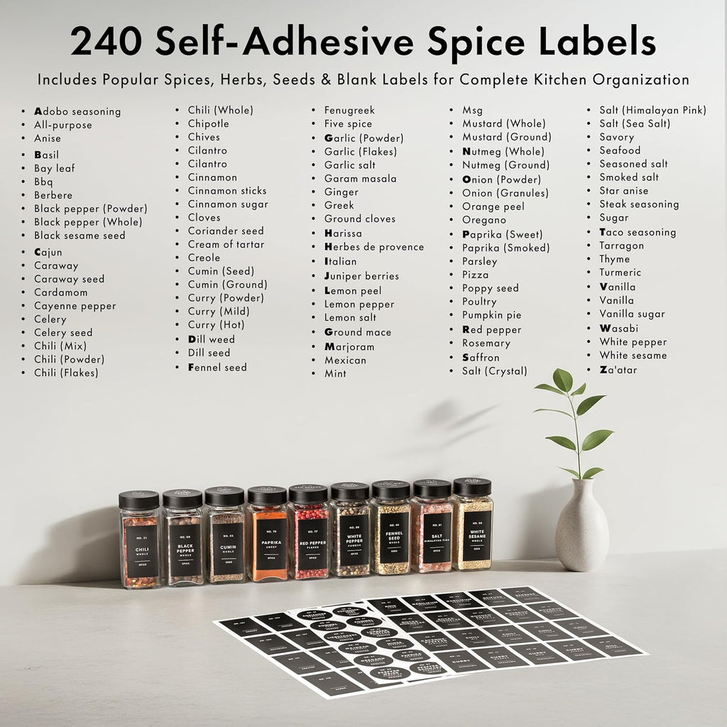Glass Spice Jars with Label and Stainless Steel Lids (24 x 4oz) Spice Containers with 240 Labels, Shaker Inserts, Steel Funnel, Empty Square Empty Square Seasoning Organizer (Black)