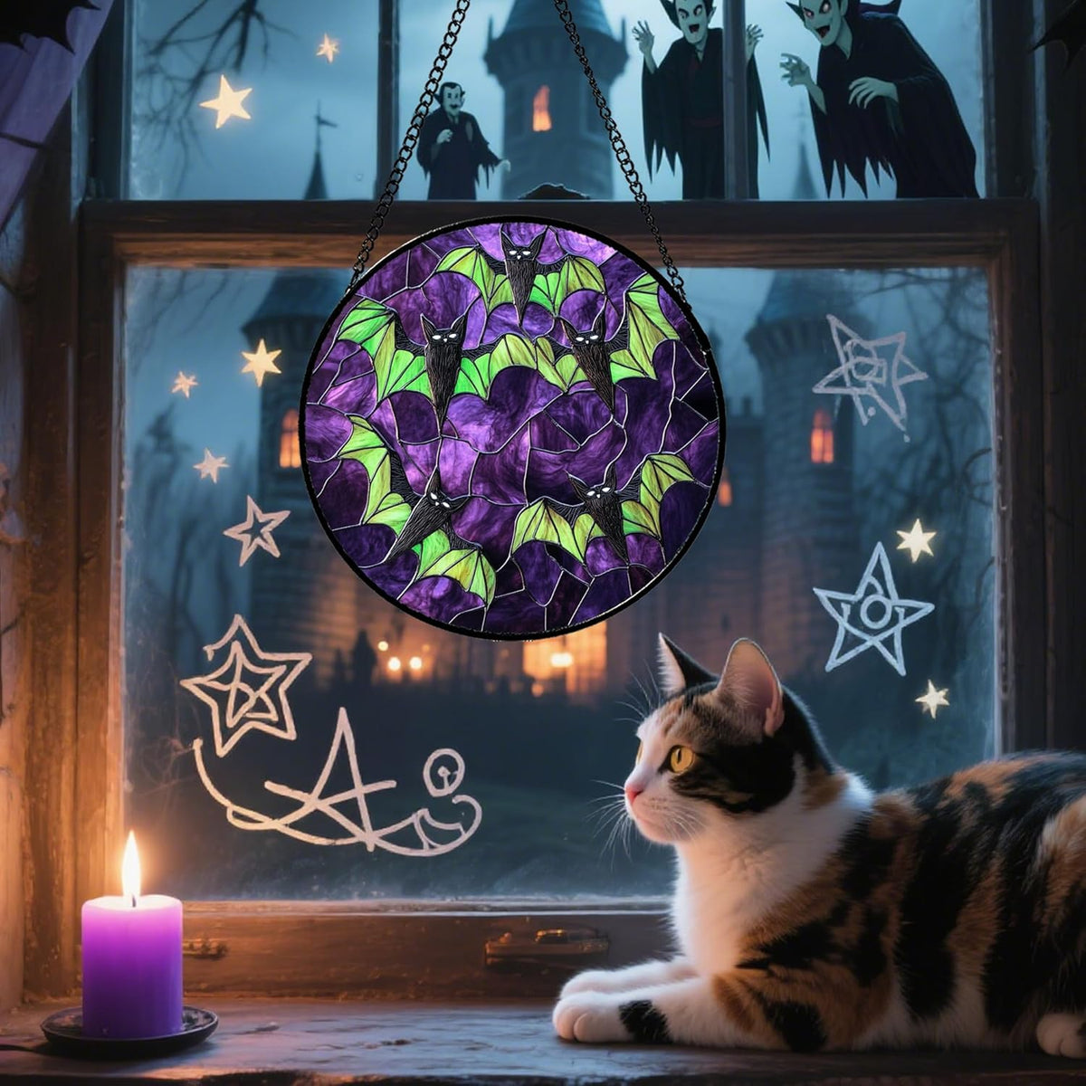 Stained Glass Window Hanging - Halloween Decorations Black Bat with Green Wings Suncatcher for Doors Garden Indoor Spooky Sun Catchers Gothic Decor Horror Gifts for Women Men Friend 9.8 in