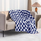 LOMAO Throw Blankets Flannel Blanket with Checkerboard Grid Pattern Soft Throw Blanket for Couch, Bed, Sofa Luxurious Warm and Cozy for All Seasons (Dark Blue, 60"x80")