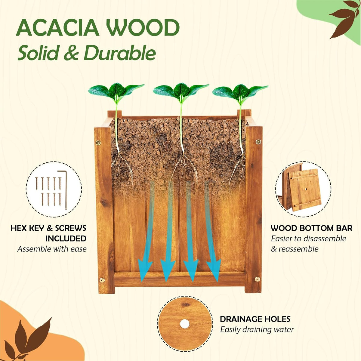 Idzo Hardwood Outdoor Flower Box, Durable Acacia Wood Flower Boxes for Outdoor Plants with Ergonomic Handles, Drainage Holes, Multiple Sizes Wood Bucket Planter for Home Decor, 1pcs