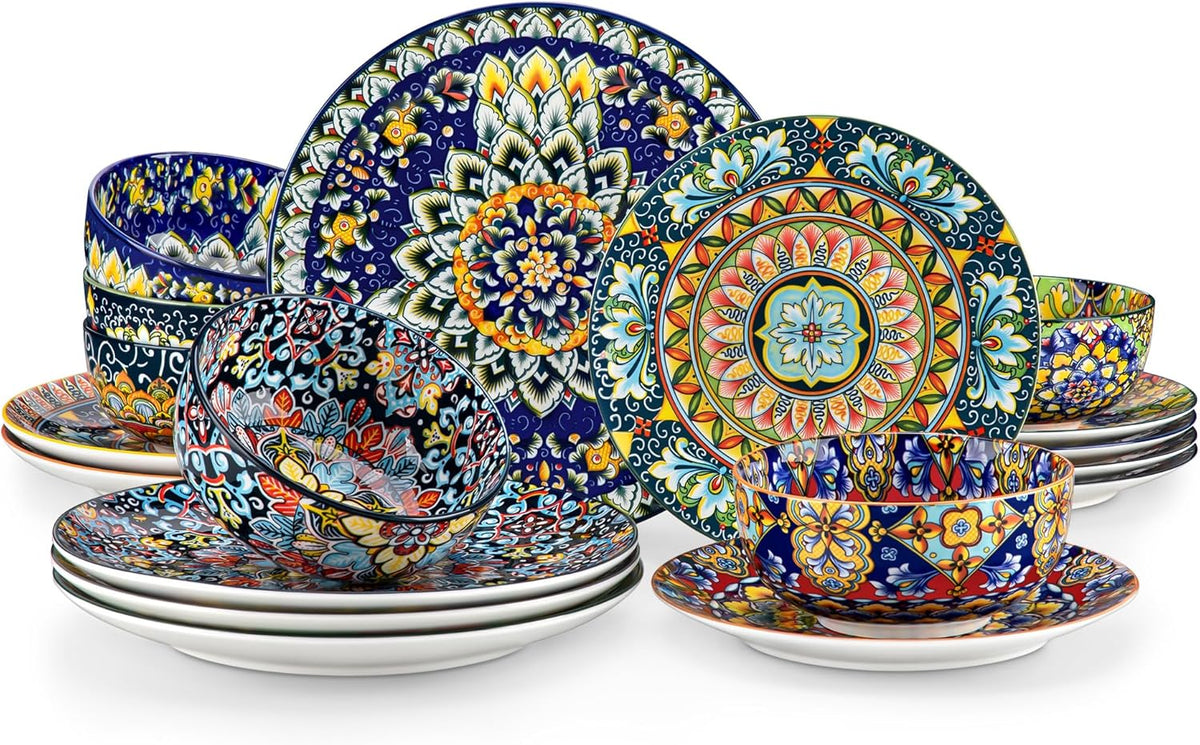 vancasso 18 Pieces Dinnerware Sets, Plates and Bowls Set, Porcelain Dishes Set for 6, Microwave and Dishwasher Safe, Scratch Resistant, Bohemian Style Dining Ware Service for 6, Series SIMI