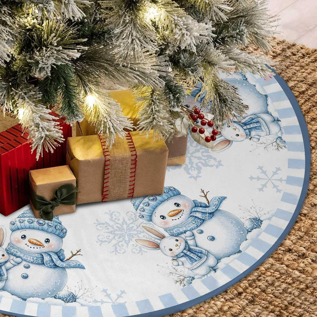 Christmas Tree Skirt 48 inches Blue Snowman Christmas Tree Skirt Mat Farmhouse Xmas Ornaments Decorations for Christmas Holiday Party (Blue, 48in)