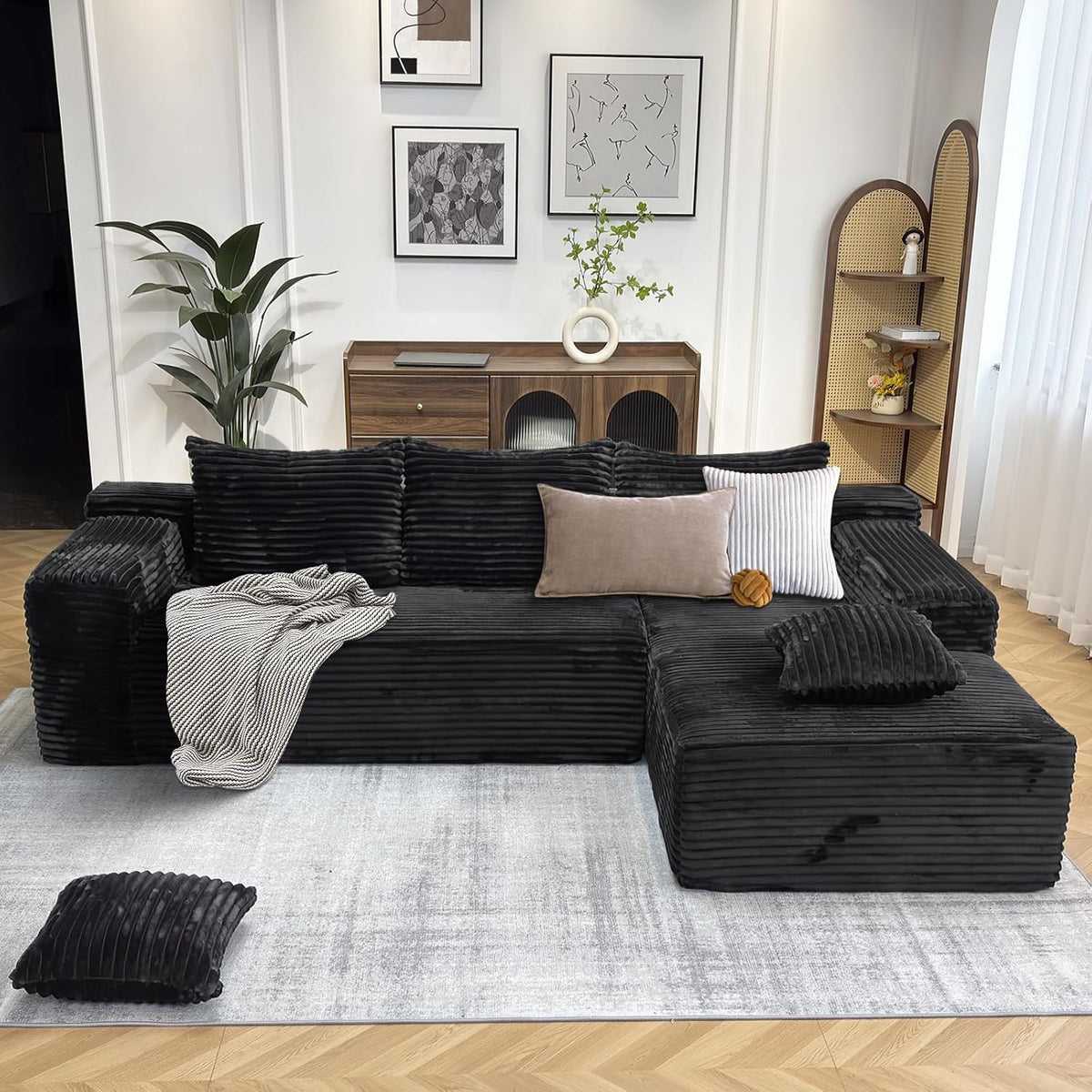 104" Modern Modular L-Shape Sofa Couch with Chaise Black Faux Rabbit Fur Cloud Sectional Couch with Deep Seat Modular Sectional Sofa No Assembly Required Upholstered Couches for Living Room Bedroom