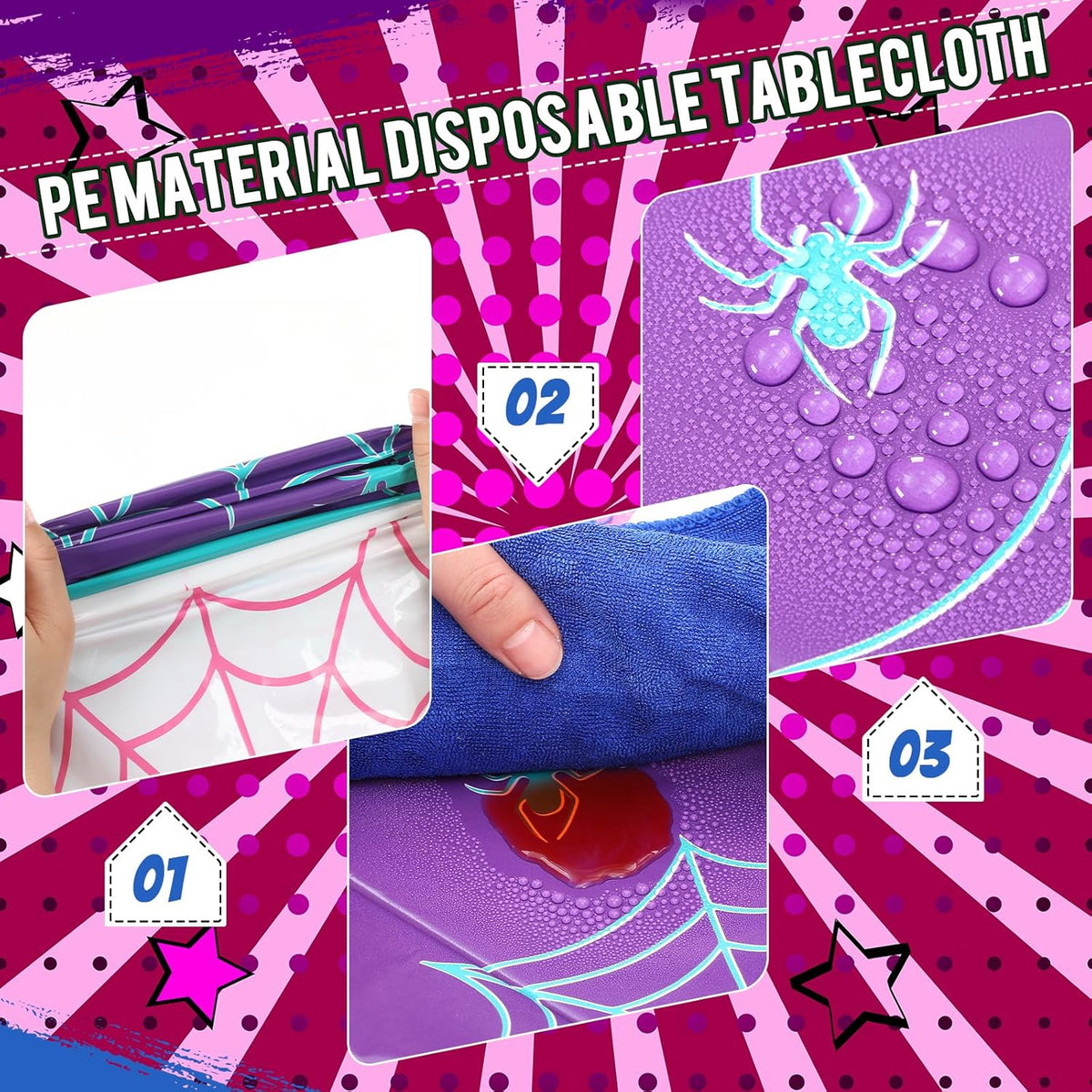 Oudain 3 Pack Spider Theme Birthday Decorations Halloween Purple Black Red Pink Green Web Ghost Bat Tablecloth Cartoon Table Cover Party Favor for Birthday (Purple,Spider)