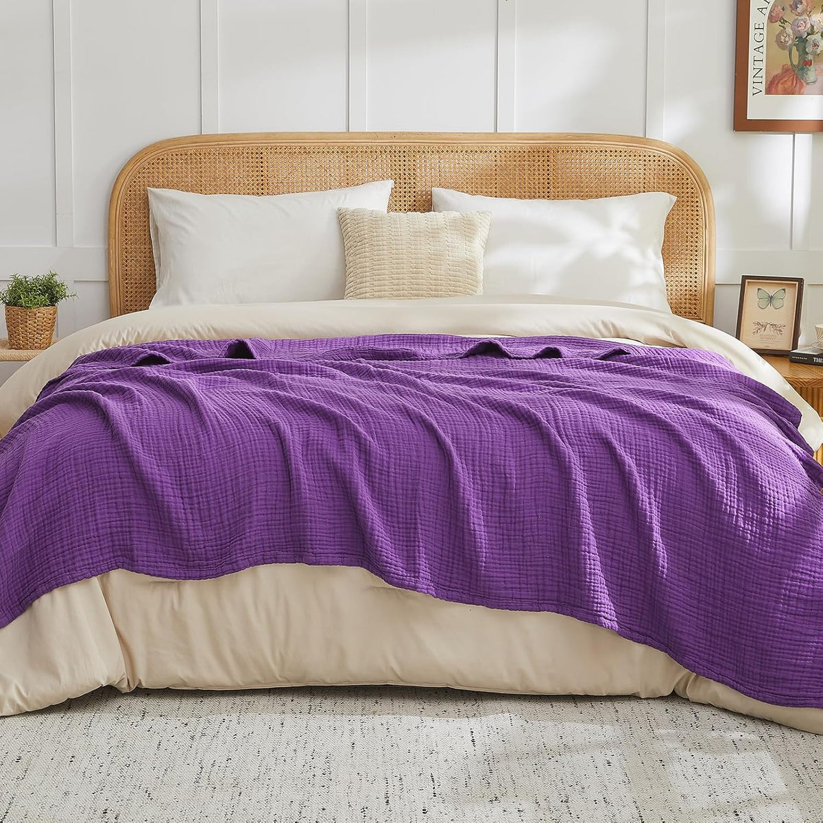 EMME Cotton Muslin Large Throw Blanket Couch Breathable Gauze Blanket Soft Lightweight Bed Blankets Adults (Purple, 50"x70")