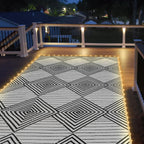 6x9ft Waterproof Outdoor Rug with LED Lights, Foldable Reversible Plastic Straw Mat for Patio RV Camping Picnic Balcony Beach Deck Indoor Outdoor Carpet, Black&White