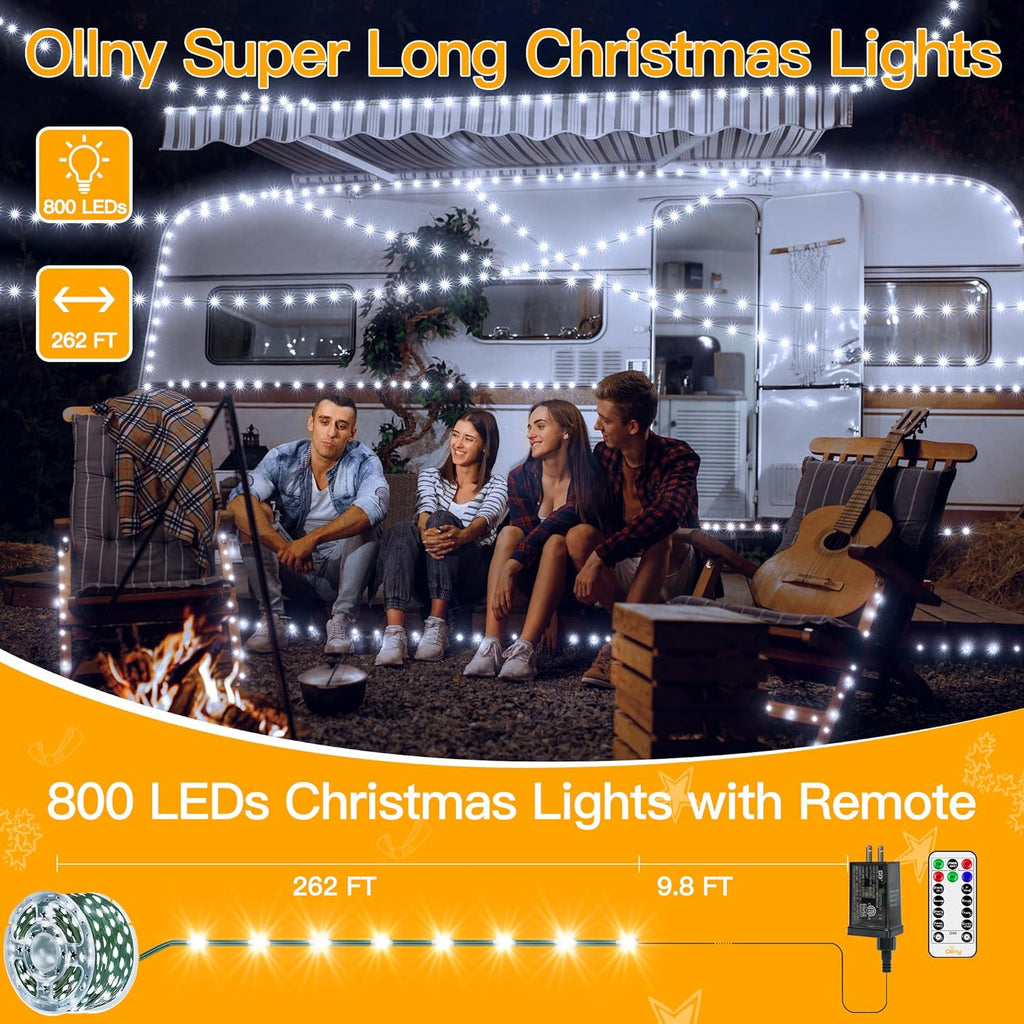 Ollny Christmas Lights 800 LED 262 FT Plug in, IP67 Waterproof Green Wire Outdoor Christmas Lights with Remote, 8 Modes and Timer Christmas Tree Light for House Indoor Xmas Decorations (Cool White)