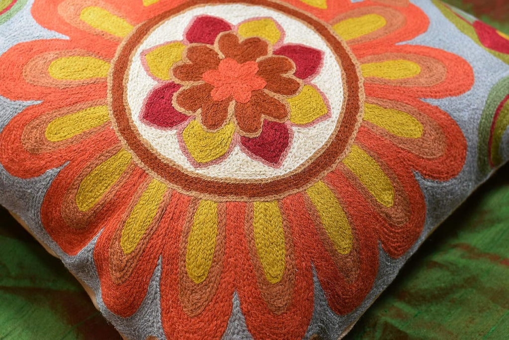 Soft Turquoise Hand Embroidered Floral Pillow Cover Flower Pillows Loral Outdoor Pillowcase Suzani Cushions Flower Chair Cushion Hand Embroidered Wool Size 18x18