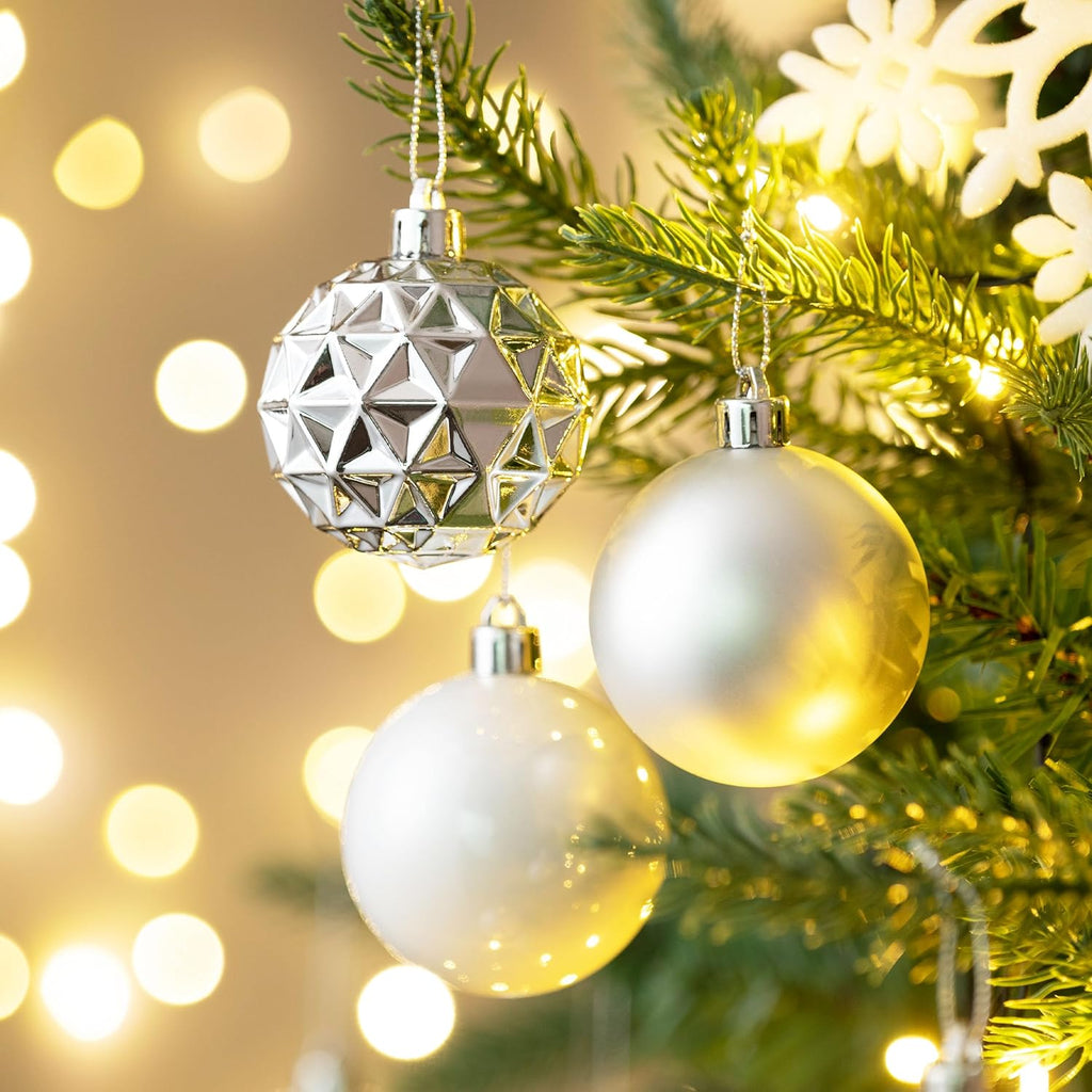 Valery Madelyn Christmas Tree Decorations Ornament Set for Fall Halloween, 50ct 2.36 Inches White and Silver Shatterproof Christmas Ball Ornaments Hanging Xmas Holiday Party Decor