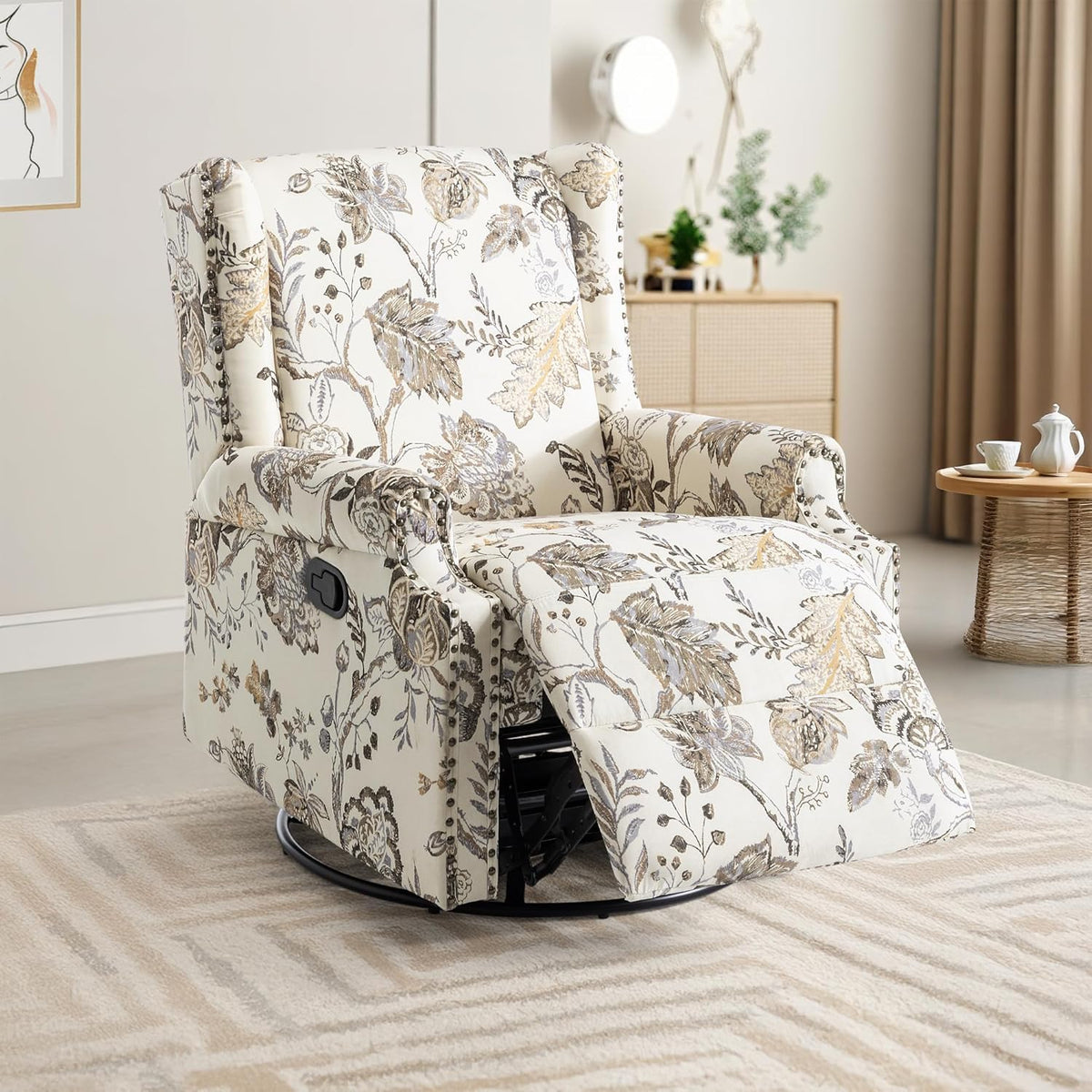 UIXE Swivel Rocker Manual Recliner Chairs Set of 2, Wingback Swivel Glider Fabric Nursery Reclining Sofa Chair, High Back Upholstered Arm Chair for Living Room Bedroom - Beige Plants