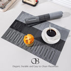 Placemats Set of 6 - Easy Clean Woven Vinyl Placemats for Dining Table, Indoor/Outdoor Place Mats, Washable PVC Table Mats （Silver Gray Black）