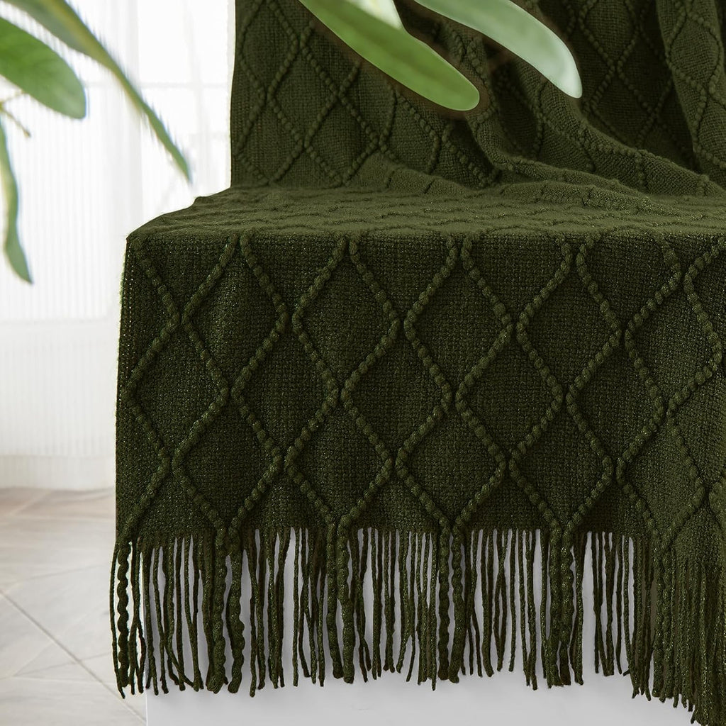 inhand Knitted Throw Blankets for Couch and Bed, Soft Cozy Knit Blanket with Tassel, Dark Green Lightweight Decorative Blankets and Throws, Farmhouse Warm Woven Blanket for Men and Women, 50"x60"
