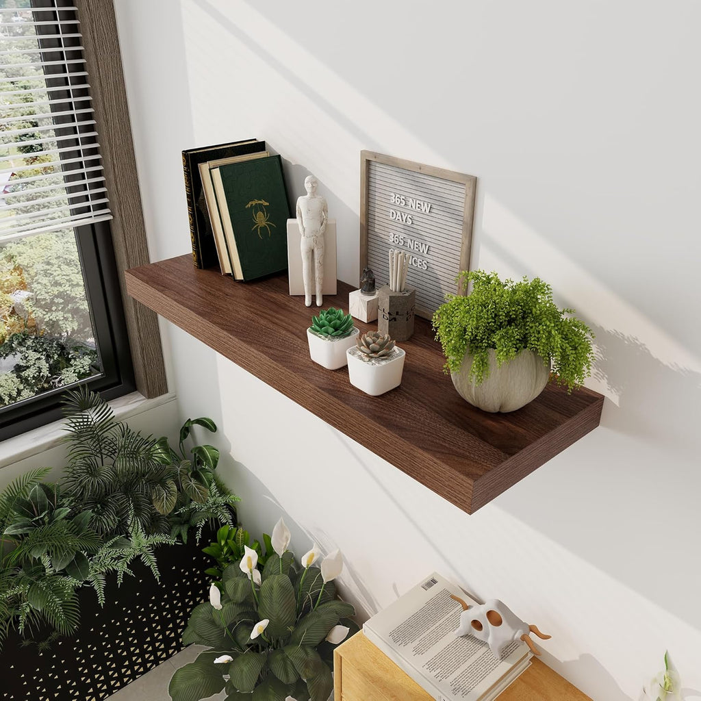 Floating Shelves 36 Inch Long, 12 Inch Deep Floating Shelves for Wall, 36 x 12 Shelves for Wall Storage & Display, 2" Thick Floating Shelf for Bathroom, Living Room, Bedroom, Walnut Color, Set of 1