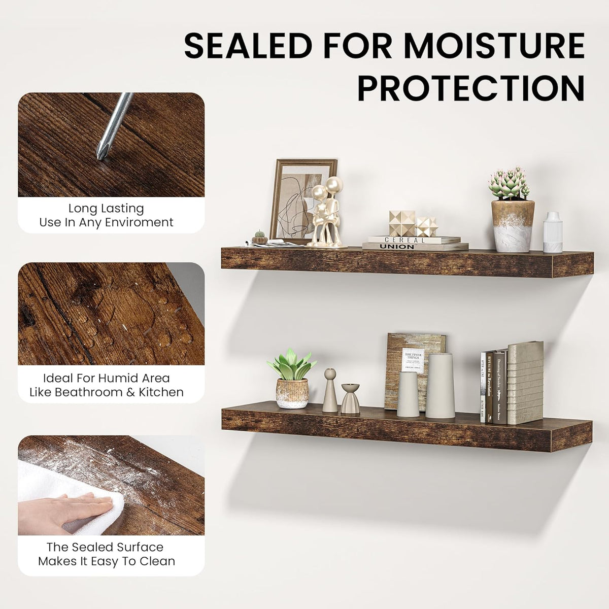 Floating Shelves for Wall, 55"W x 9.3"D x 1.5"H, Long Wooden Wall Mounted Display Shelf with Invisible Brackets for Living Room, Bedroom, Bathroom, Kitchen Decor & Storage,Set of 1,Rustic Brown